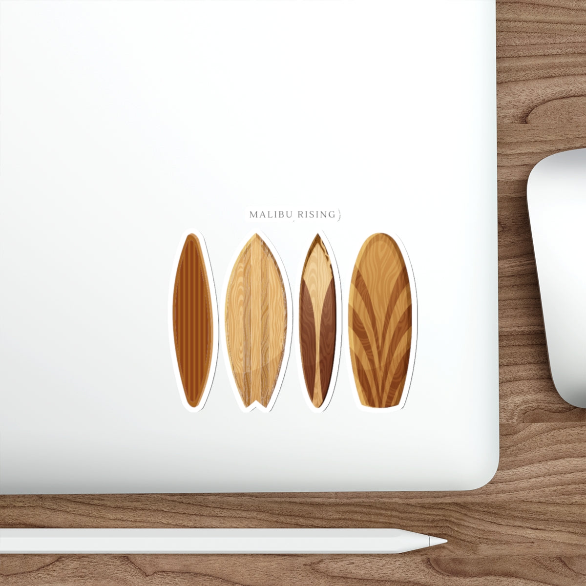 Surfboard Die-Cut Sticker — 'Malibu Rising' Wooden Surfboard Decal