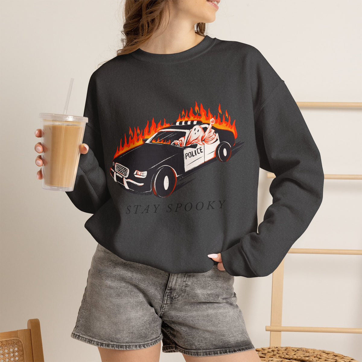 Stay Spooky Police Car Sweatshirt | Flaming Patrol Crewneck