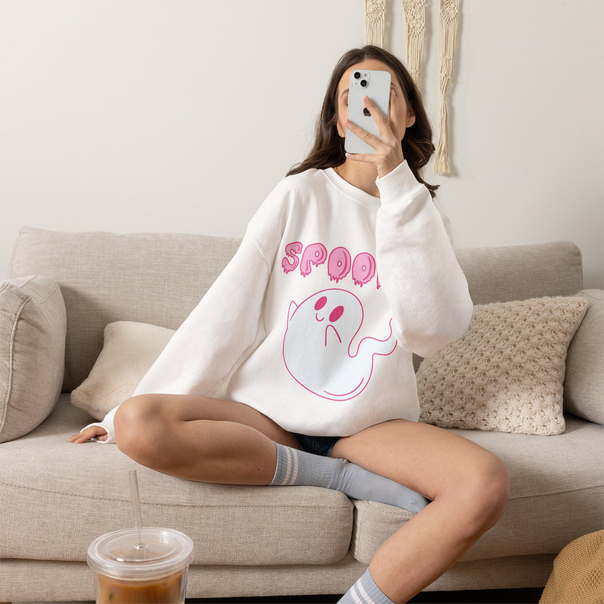 Pink Cute Ghost Spooky sweatshirt | Halloween ghost crewneck