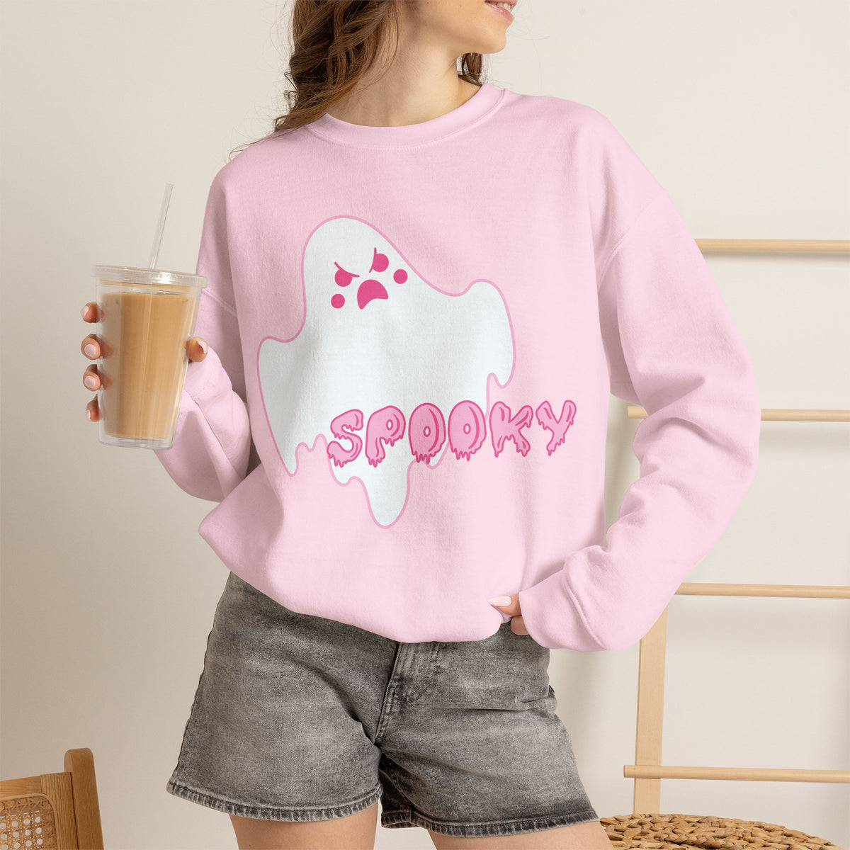 Pink Kawaii Ghost spooky Sweatshirt | Halloween Cute Ghost Crewneck