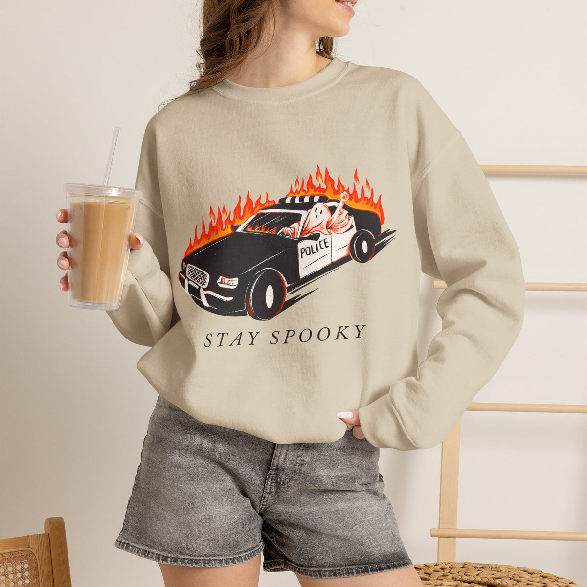 Stay Spooky Police Car Sweatshirt | Flaming Patrol Crewneck