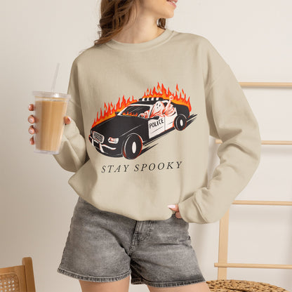 Stay Spooky Police Car Sweatshirt | Flaming Patrol Crewneck