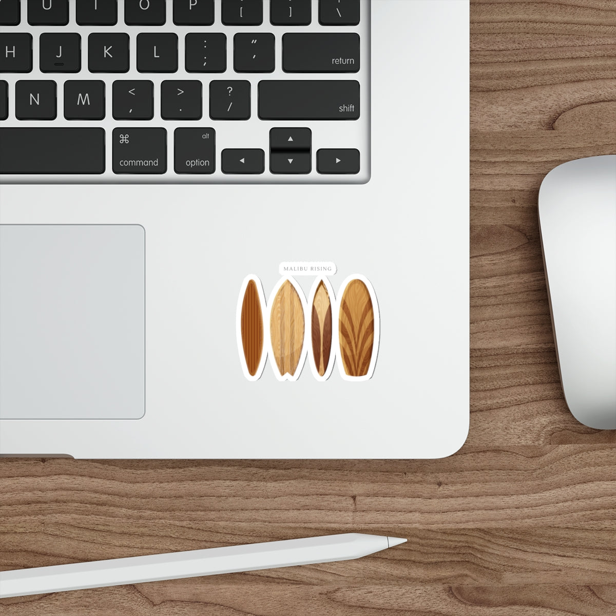 Surfboard Die-Cut Sticker — 'Malibu Rising' Wooden Surfboard Decal