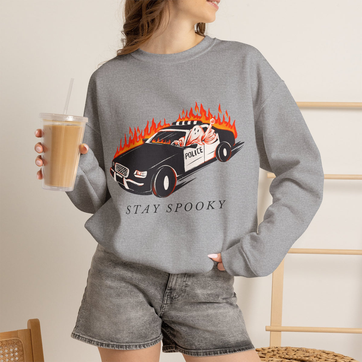 Stay Spooky Police Car Sweatshirt | Flaming Patrol Crewneck