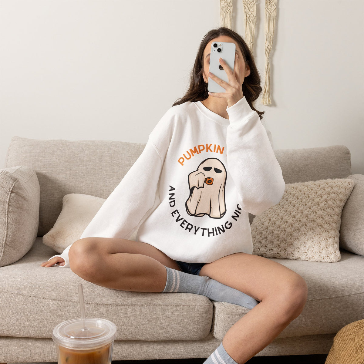 Pumpkin Spice Ghost Crewneck Sweatshirt | Fall Coffee Halloween