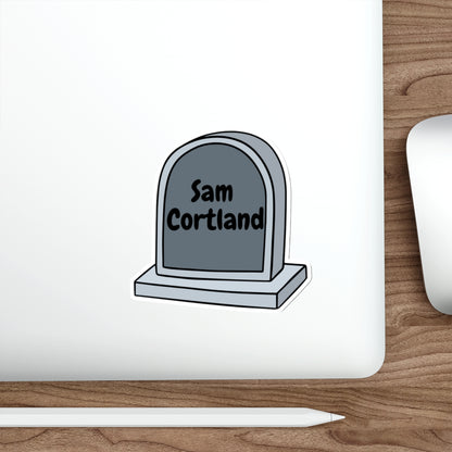 Tombstone Sticker — Personalized "Sam Cortland" Die-Cut Vinyl Sticker (Halloween, Goth, Laptop Decal)