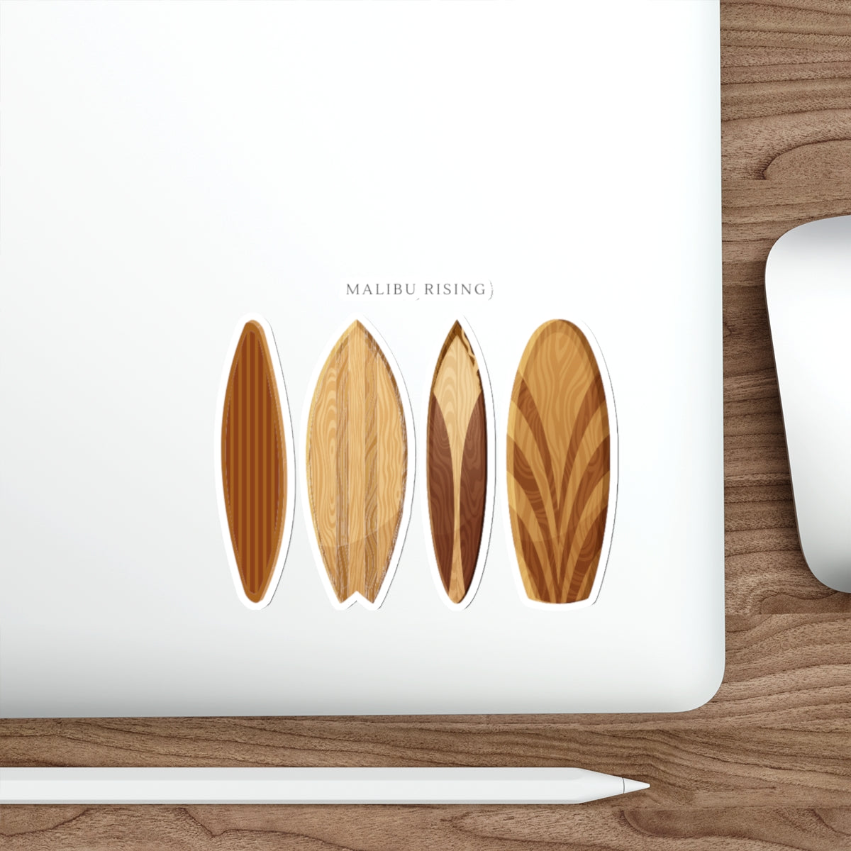 Surfboard Die-Cut Sticker — 'Malibu Rising' Wooden Surfboard Decal