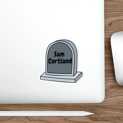 Tombstone Sticker — Personalized "Sam Cortland" Die-Cut Vinyl Sticker (Halloween, Goth, Laptop Decal)