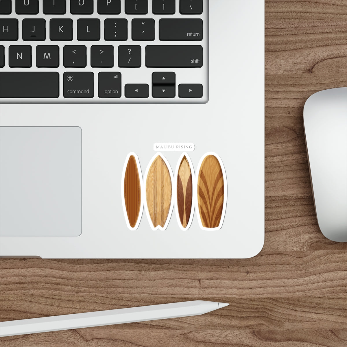 Surfboard Die-Cut Sticker — 'Malibu Rising' Wooden Surfboard Decal