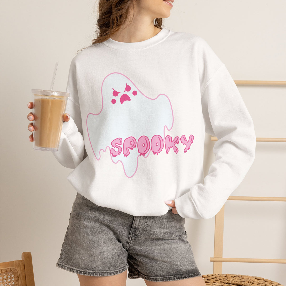 Pink Kawaii Ghost spooky Sweatshirt | Halloween Cute Ghost Crewneck