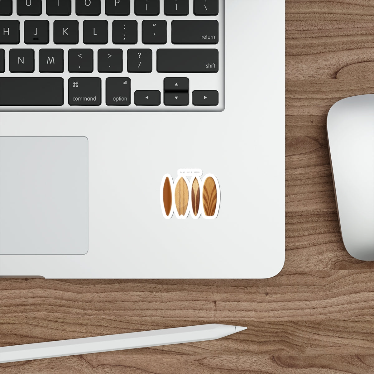 Surfboard Die-Cut Sticker — 'Malibu Rising' Wooden Surfboard Decal