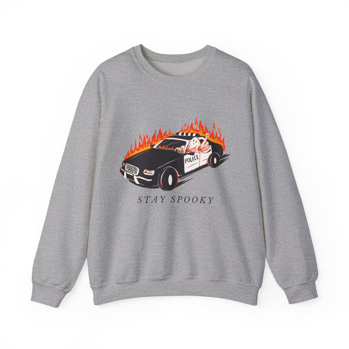 Stay Spooky Police Car Sweatshirt | Flaming Patrol Crewneck
