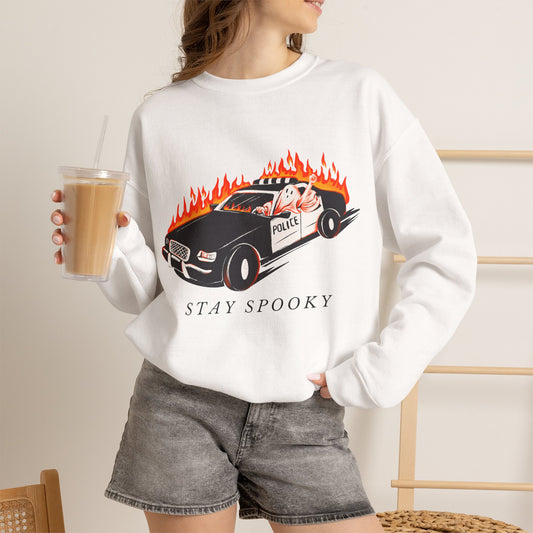 Stay Spooky Police Car Sweatshirt | Flaming Patrol Crewneck