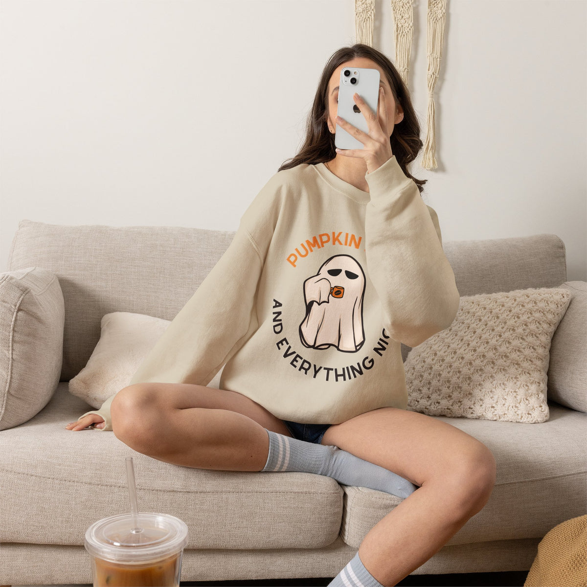 Pumpkin Spice Ghost Crewneck Sweatshirt | Fall Coffee Halloween