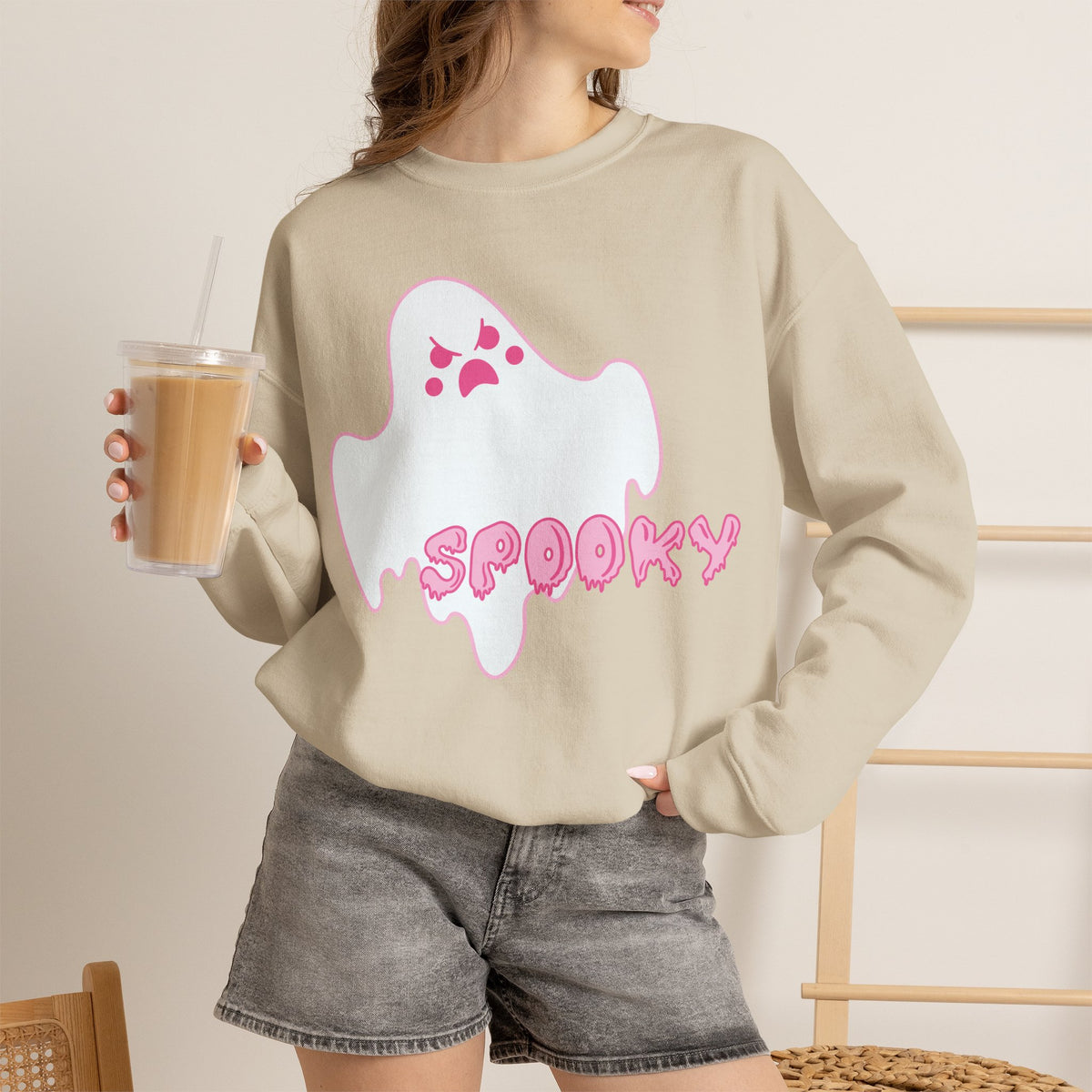 Pink Kawaii Ghost spooky Sweatshirt | Halloween Cute Ghost Crewneck